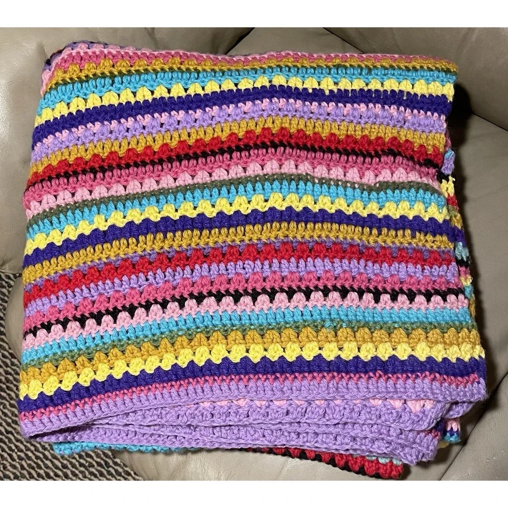 Handmade Rainbow Striped Afghan Crochet Blanket Throw Boho Grannycore 64